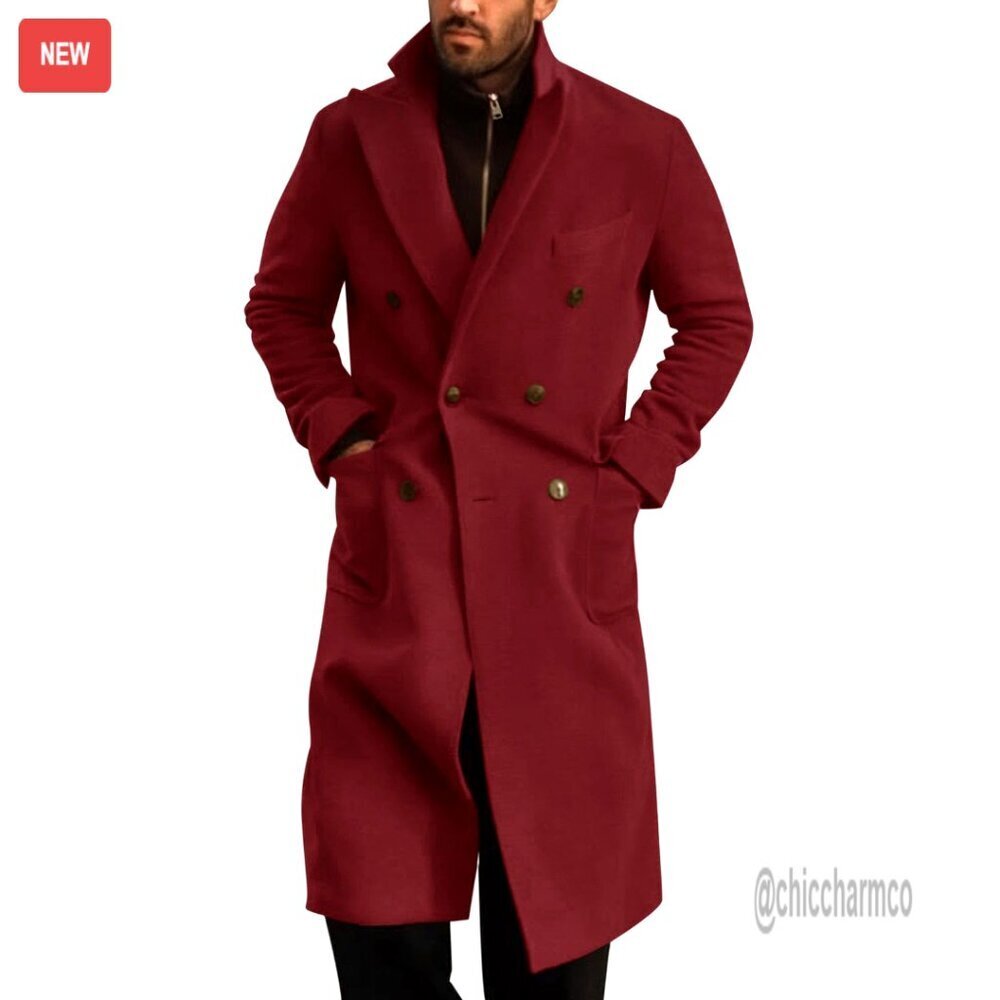 Mens Wool Blend Trench Coat Double Breasted Winter Overcoat Notched Collar